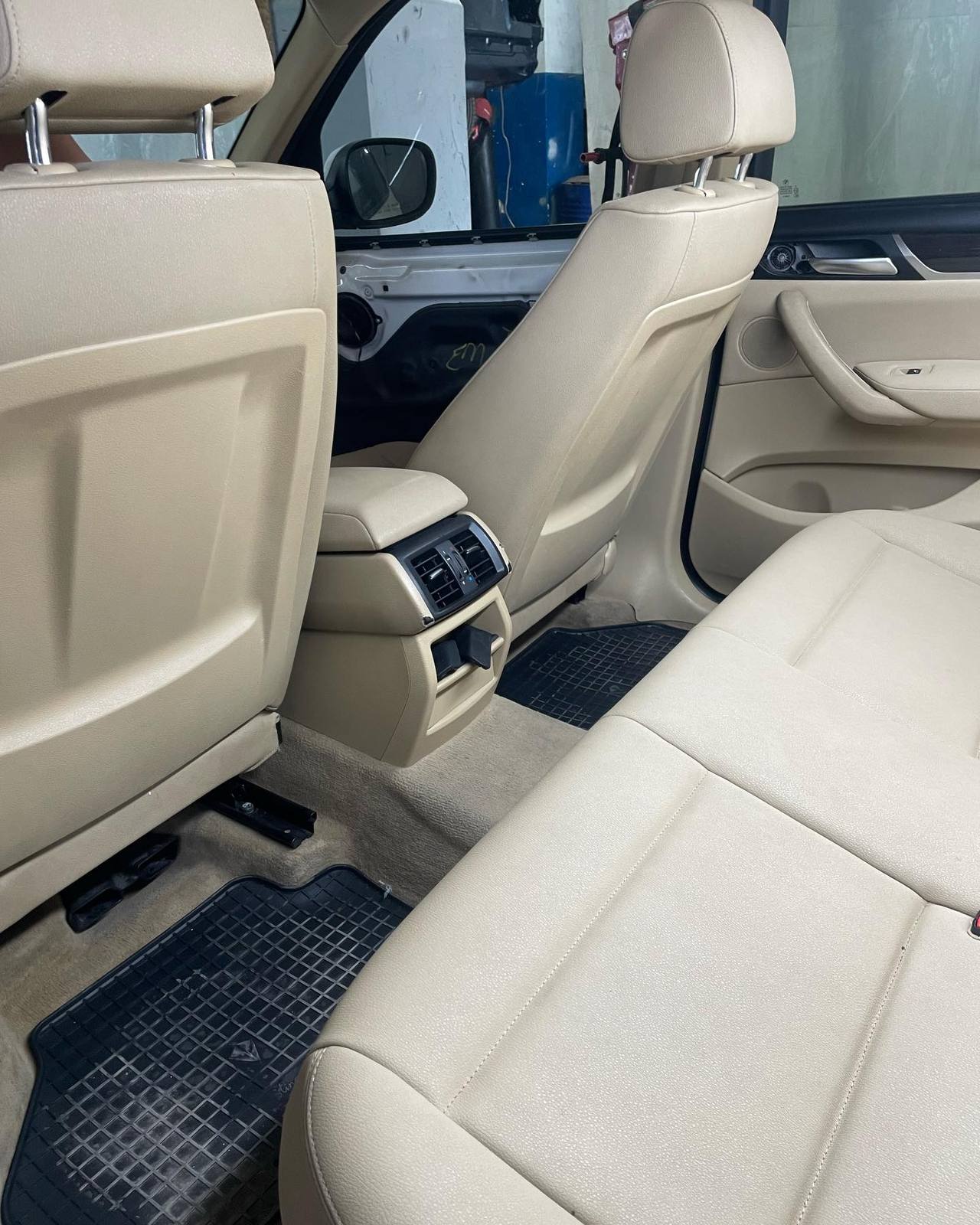 The new brown interior seen through the rear door