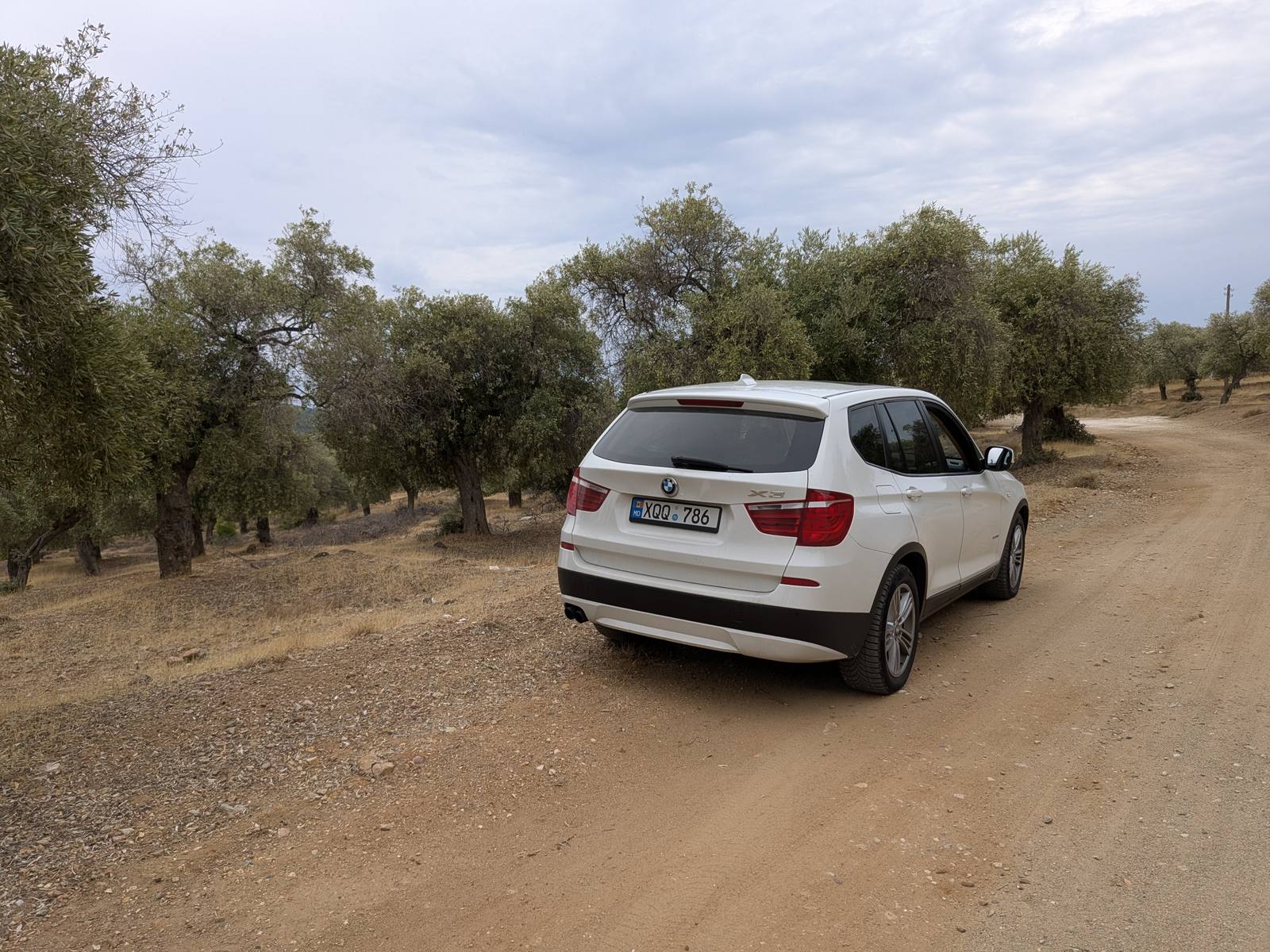 X3 on a dirt road through olive groves