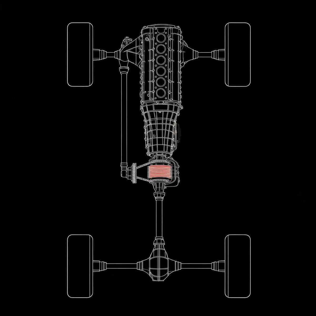 Schematic: the inline engine, the gearbox, the transfer case with the red clutch pack, the shafts to both axles