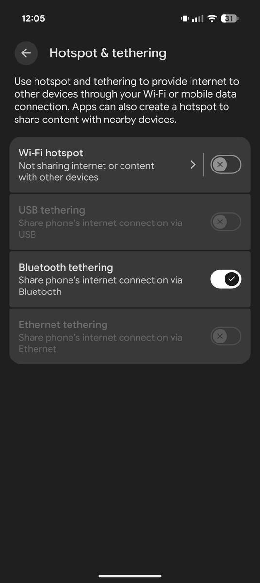 Telefonul: Bluetooth tethering activat
