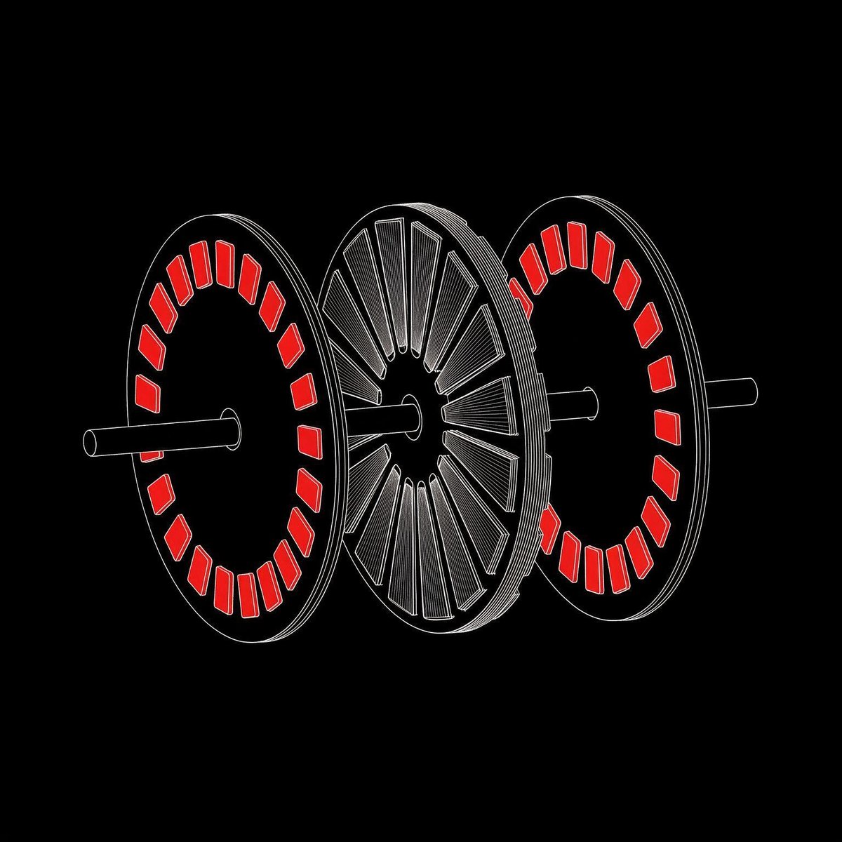 Motor cu flux axial, explodat: două discuri rotor cu magneți și statorul-disc între ele